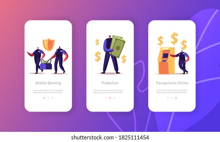 Money Mobile App Page Onboard Screen Template. Armed Cash-in-transit Guard Characters Collect Cash for Transportation to Bank from Currency Exchange Office Concept. Cartoon People Vector Illustration