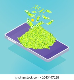 Money and mobile phone. Mobile purchases, global payments. Flat vector cartoon isometric illustration. Objects isolated on blue background.