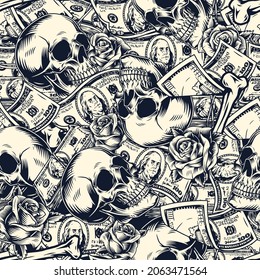 Patrón sin fisuras monocromo de dinero en estilo vintage con ciento de dólares de los EE.UU. calaveras de huesos y rosas ilustración vectorial