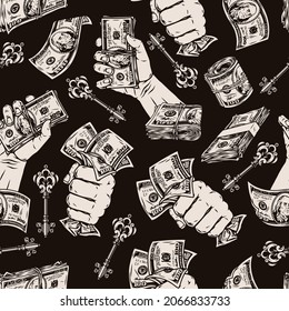 Money monochrome seamless pattern in vintage style with stacks and rolls of dollar bills filigree antique keys male hands holding money banknotes vector illustration