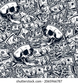 Money monochrome vintage seamless pattern with dollar banknotes jewelry chains roses diamonds skulls in royal crown vector illustration