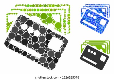 Money mosaic for money icon of circle elements in various sizes and color tinges. Vector circle elements are organized into blue mosaic. Dotted money icon in usual and blue versions.