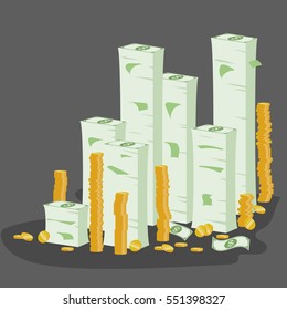 a lot of money, a mountain of money, cash, coins, gold, vector illustration