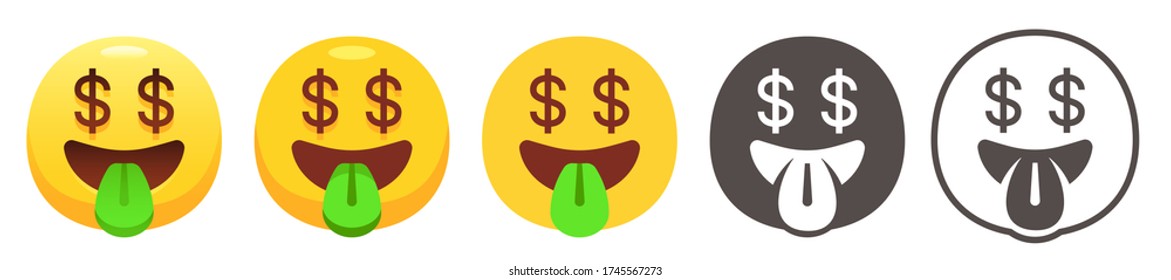 Money Mouth Emoji. Happy Yellow Face With Dollar Signs For Eyes, Open Smile And  Sticking Out Green Tongue. Rich Emoticon Flat Vector Icon Set
