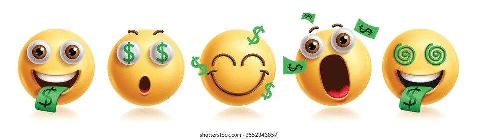 Conjunto de caracteres clipart de emojis de boca de dinheiro. Emoji 3d personagem em ganancioso, rico, rico, felicidade, sinal de dólar e divertido expressão facial coleção de elementos gráficos. Ilustração vetorial money mouth 