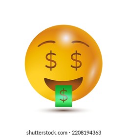 Money mouth face, Dollar sign eyes, money face. 3D stylized vector icon. emoji. isolated in white background. for emoticon characters design collection. for ui interface