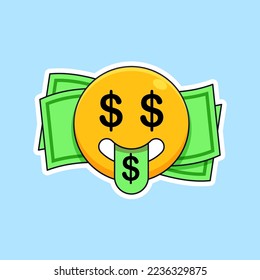 money mouth face emoji vector illustration. dollar eye and tongue emoticon with money stack background outline style design