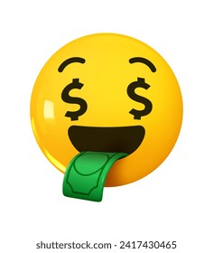 Geld aus dem Mund auf Augen Dollar Symbol Face Emoji. Emotion 3D Cartoon Icon. Gelbes rundes Emotikon. Vektorgrafik