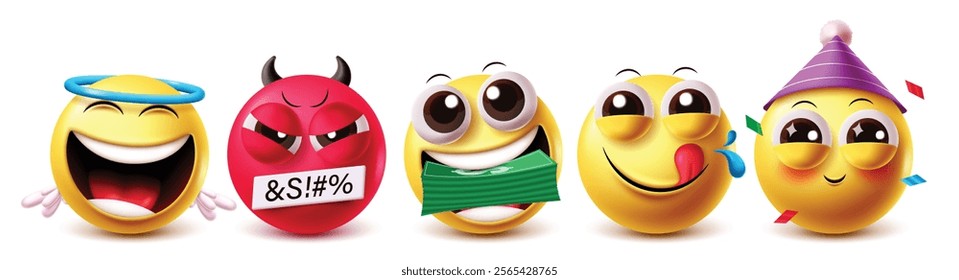 Money mouth vector characters set. Clipart emojis character happy angel, angry evil, cute birthday clown with yellow icons facial expression like rich and hungry graphic elements. Vector illustration 