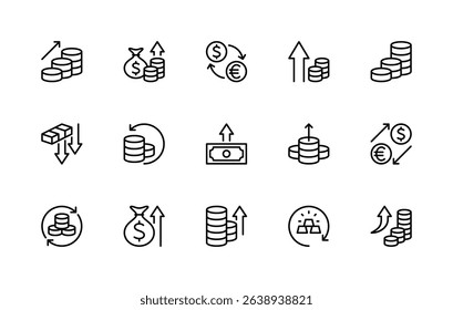 Money movement related vector linear icons set. Isolated icon collection such as currency, finance, banking, fintech, economy, business and more. Isolated icon collection of money flow related.