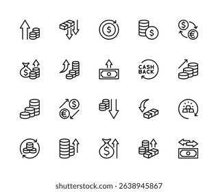 Money movement related vector linear icons set. Contains such icons as cash, flow, finance, transaction, payment, bank and more. Isolated money movement related icons collection on white background.