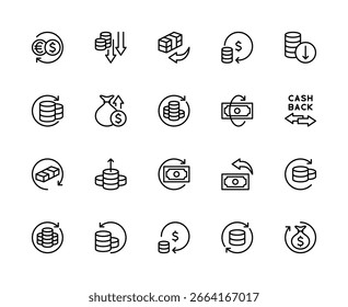 Money movement related vector linear icons set. Contains such icons as send, receive, exchange, currency, banking and more. Isolated money movement related icons collection on white background.