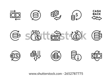 Money movement related vector linear icons set. Isolated icon collection such as economy, business, wired, profit, win, loss, Euro, flow and more. Isolated icon collection of money flow related.
