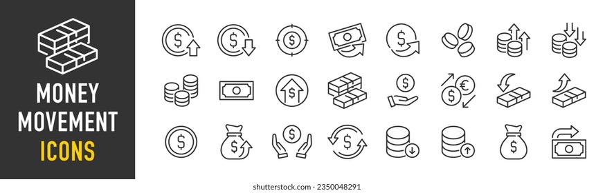 Money Movement web icons in line style. Money, coin, cash, profit, send money, cash back, investment, collection. Vector illustration.