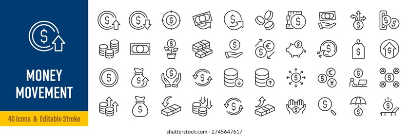 Money Movement web icons in line style. Money, coin, cash, profit, send money, cash back, investment, collection. Vector illustration.