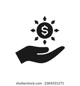 Money with multiple arrows on hand flat icon isolated on white background. Vector illustration