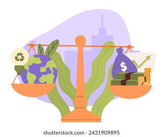 Money or nature comparsion. Weights with banknotes and golden coins and planet. Care about ecology and environment. Cartoon flat vector illustration isolated on white background