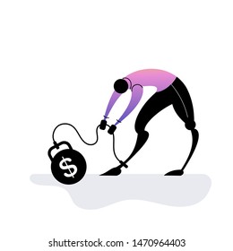 Money need problem Financial Trouble Flat Illustration.Depressed Businessman Character.Economic Crisis.Startup, unpaid.Pressured Office Worker with heavy weight.Unpaid Loan Debt.