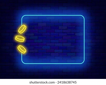 Money neon flyer. Falling coins and empty blue frame. Bank and finance concept. Bonus and economy. Casino winning concept. Copy space. Editing text. Vector stock illustration