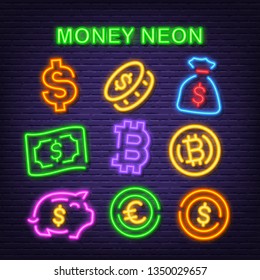 Money Neon Icons, Vector Neon Glow On Dark Background