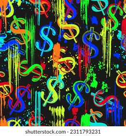 Money neon pattern with US dollar sign. Background with paint brush strokes, smudges, blots, splattered paint of fluorescent colors. For sports goods, prints, vinyl wrap. Pop art style