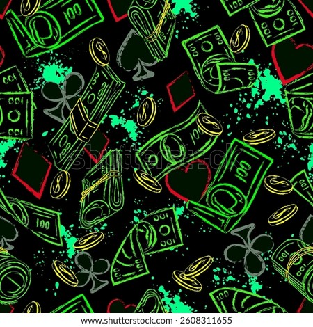 Money neon seamless pattern with coins, 100 US dollar bills, card suits signs, splattered paint on dark background. Falling, flying dollar banknotes. Randomly scattered objects. Gambling concept