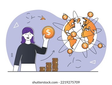 Money network concept. Girl stands with gold coin in hands and looks at globe. Financial literacy and passive income, investing and international trade, globalization. Cartoon flat vector illustration