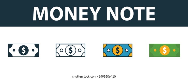 Money Note icon set. Four elements in diferent styles from money icons collection. Creative money note icons filled, outline, colored and flat symbols.