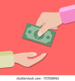 A money note, which is handed over from hand to hand. Vector illustration.