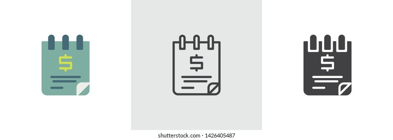 Money notebook icon. Line, glyph and filled outline colorful version, Dollar notepad outline and filled vector sign. Symbol, logo illustration. Different style icons set. Vector graphics