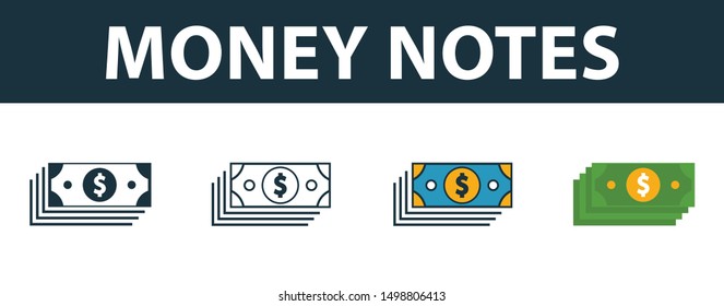 Money Notes icon set. Four elements in diferent styles from money icons collection. Creative money notes icons filled, outline, colored and flat symbols.
