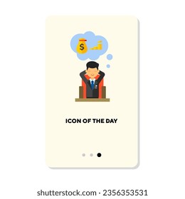 Icono de vector plano de obsesión de dinero. Hombre con traje negro que sueña con un signo aislado de dinero. Concepto de dinero y finanzas. Elementos de símbolo de ilustración vectorial para diseño web y aplicaciones