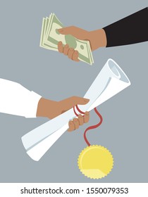 Money offered for a diploma ether as a bribe of a cost of education, EPS 8 vector illustration