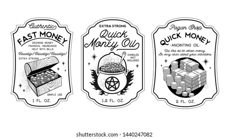 Money Oil Bottle Labels & Potion Labels. Vector Illustration.