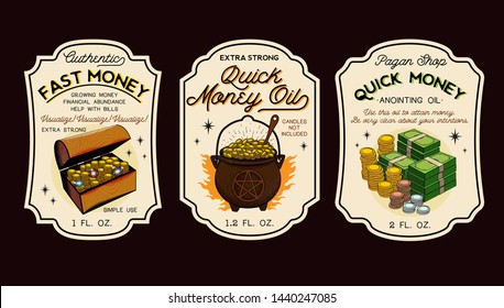 Money Oil Bottle Labels & Potion Labels. Vector Illustration.