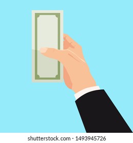 Money on Businessman hand, bill, bank note. Businessman giving a cache. Vector illustration in carton style isolated