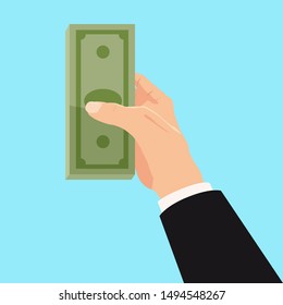 Money on Businessman hand, bill, bank note. Businessman giving a cache. Vector illustration in carton style isolated