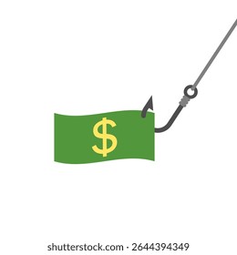 Money on a fishing hook shaped bait. A paper banknote hangs on a hook. Vector clipart and drawing. Illustration on white background.
