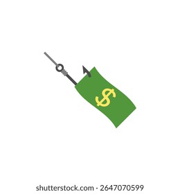 Dinheiro em um anzol de pesca em forma de isca. Uma nota de papel fica presa num gancho. Clipart de vetor e desenho. Ilustração sobre fundo branco.