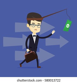 Money on fishing rod as motivation for business man. Asian business man motivated by money hanging on fishing rod. Concept of business motivation. Vector flat design illustration. Square layout.