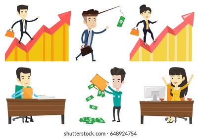 Money on fishing rod as motivation for businessman. Man motivated by money hanging on fishing rod. Concept of business motivation. Set of vector flat design illustrations isolated on white background.