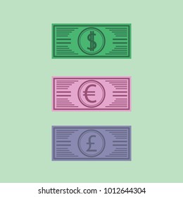 Money on green background, USD, Euro, Funt Sterling, vector illustration.flat art.