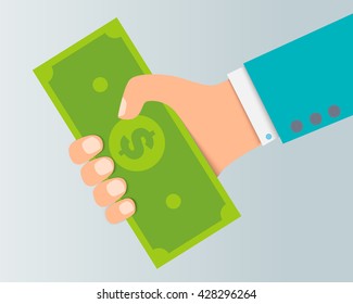 Money on hand. Businessman giving a cache. Vector illustration in flat style isolated on white