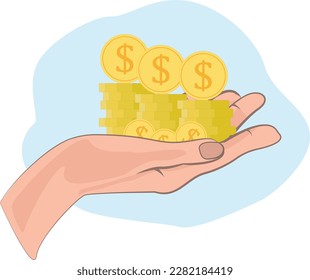 Money on hand coins cents dollar on outstretched hand vector illustration