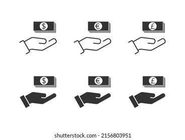 Money on hand icon set. Flat vector illustration.
