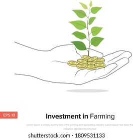 Money On Hand Investment In Farming, Agriculture Investment, Save Money, Green Investment Option Vector Design.