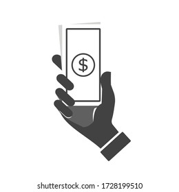Money on hand. Pay with cash sign. Payment method. Rich. Earn. Online shopping. Flat drawing shadow design. Black white vector Illustration. Product service brand logo. Board label banner. App icon.