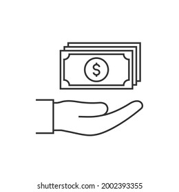 Money on hand. Payment with dollar. Income, salary, donation icon line style isolated on white background. Vector illustration