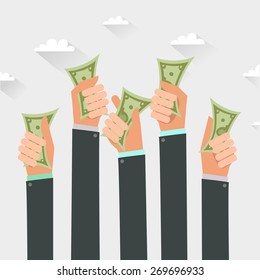 Money on hands. Businessmen giving a cache. Vector illustration in flat style isolated on white