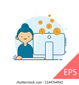 Money on the net. Girl. Vector modern line design illustration icon